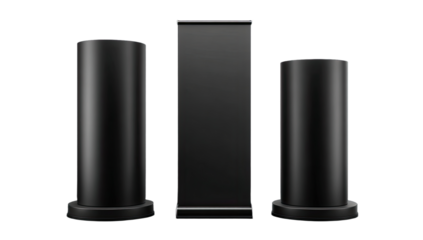 Three black cylindrical displays and a tall, narrow banner stand