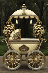 Golden ornate baby carriage with crown and roses in dark forest backdrop.