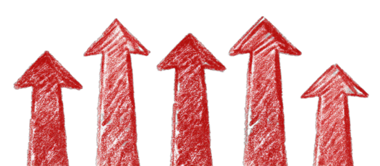 Five red arrows pointing upwards, drawn with a crayon texture