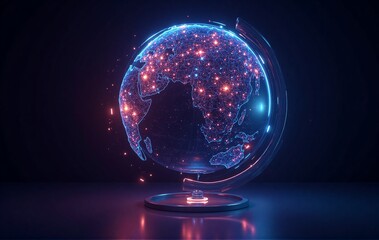 A futuristic digital globe glows with interconnected blue and red light points, representing global data networks and advanced technology.