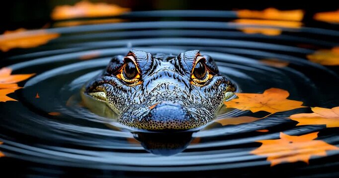 A close-up shot of an alligator in water surrounded by autumn leaves, creating a moody and cinematic atmosphere.