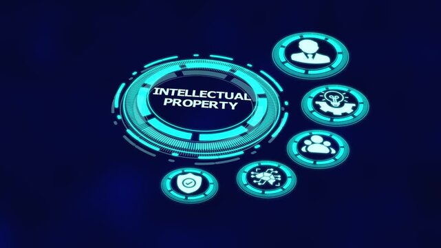 Intellectual property protection concept with digital legal dashboard interface, patent security icons and rights management system.