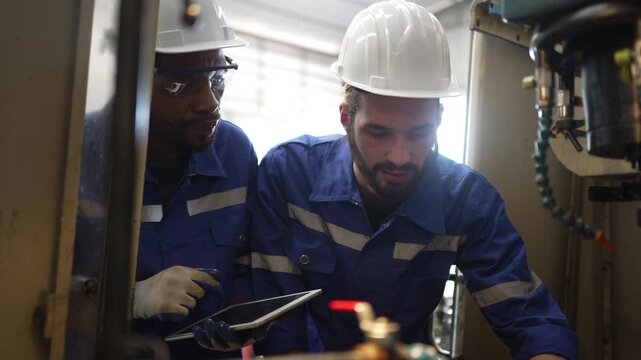 Blue collar workers are working at machine shop with CNC lathe  machine. Factory and machinery.