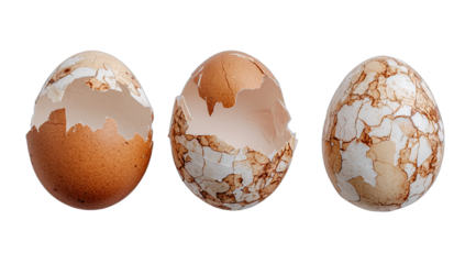 Three cracked and partially peeled eggshells against black background