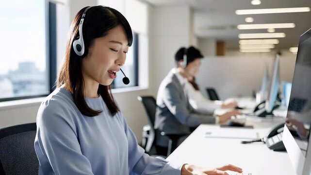 コールセンターで電話対応をする笑顔の女性（仕事,オペレーター,カスタマーサポート）