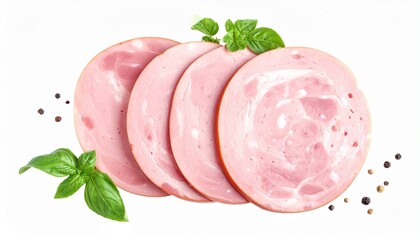 Bologna Sausage Slices &ndash; Smooth Pink Interior with Herb and Peppercorn Garnish