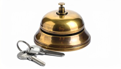Brass Hotel Service Bell with Room Key &ndash; Hospitality Symbol on Bright Background