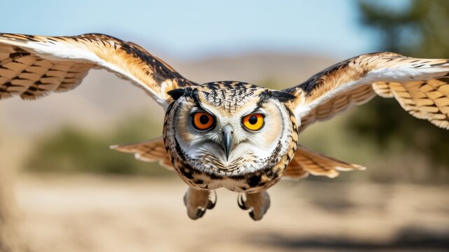 A majestic owl soars through the air, showcasing its striking features and powerful wingspan against a blurred natural background.