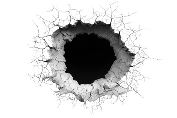 A dark circular void surrounded by cracked, fractured material and splintered debris