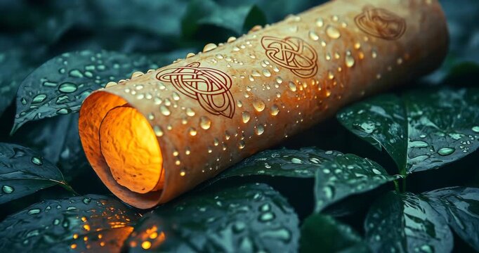 A close-up shot of an ancient scroll with Celtic knots, covered in water droplets, emitting a warm, mystical light.
