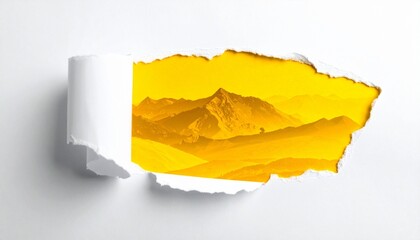 Torn White Paper Revealing Yellow Landscape &ndash; Mountain Peaks and Rolling Hills with Window-Like Effect