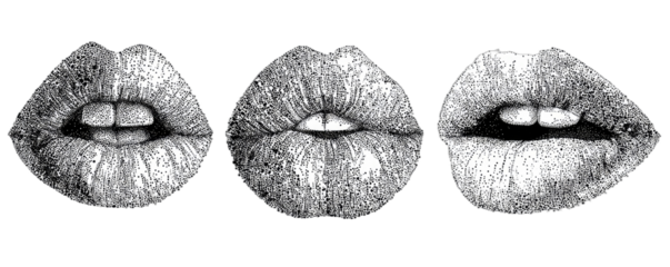 Three close-up portraits of lips in grayscale, isolated on black