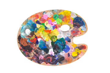 A classic oval artist's palette covered with colorful strokes of fresh paint. An isolated object No background symbolizing the creative process, inspiration, art, and professional painting.