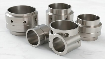 Set of precision-engineered metallic cylindrical components with machined holes and smooth finishes