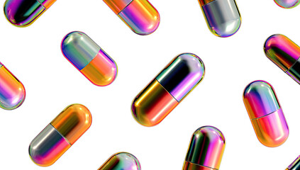 Iridescent capsules shimmer against a dark, void-like background