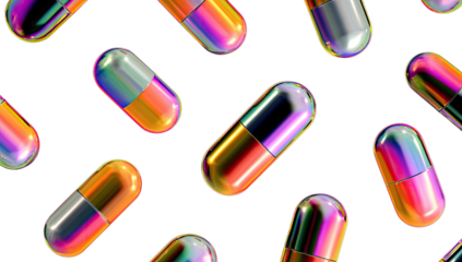 Iridescent capsules shimmer against a dark, void-like background