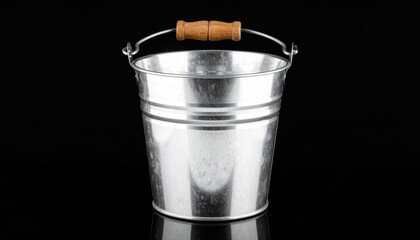 Metallic Bucket with Wooden Handle &ndash; Reflective Surface and Structural Ridges on Black Background