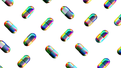Gleaming holographic capsules scattered across a dark, void-like background