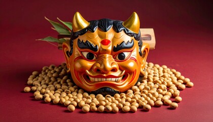 節分の伝統行事：鬼の面とたっぷりの福豆。厄除けと開運を願う和風の静物背景素材