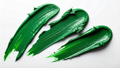 Green Paint Smears with Leaves &ndash; Artistic Brush Strokes and Natural Elements on White Background