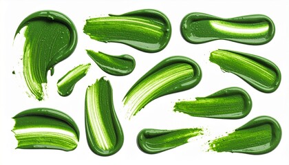 Green Paint Smears with Leaves &ndash; Artistic Brush Strokes and Natural Elements on White Background