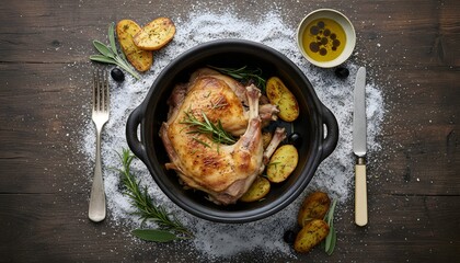 Delicious roasted chicken with potatoes and herbs, Flatfly