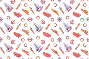 A playful, seamless nautical pattern featuring boats, sailboats, yachts, lighthouses, ship wheels, and lifebuoys in bright red, blue, and yellow on a clean white background.