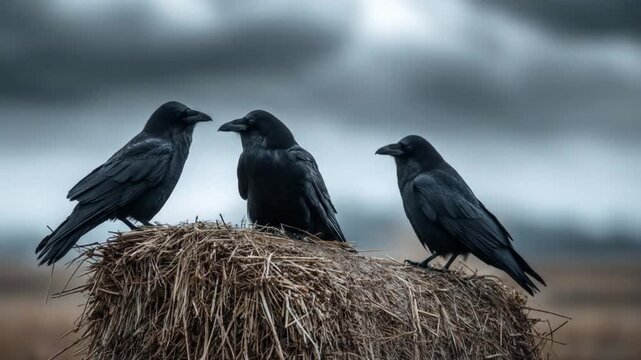 Three dark crows perched on a weathered hay bale beneath a moody, overcast sky, wings tucked, alert
