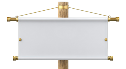 A blank white scroll banner hangs from a wooden post