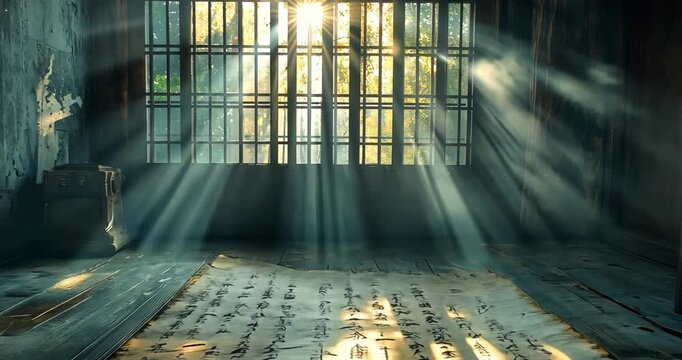 Sunbeams illuminate an ancient calligraphy scroll on the floor, creating a moody and atmospheric scene inside an old room.