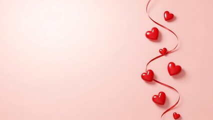 Valentine s day background with red hearts and ribbons on pink