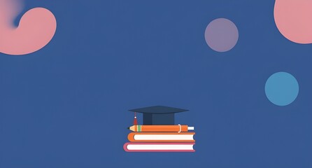 Minimal education background illustration with books, pencils, graduation cap, abstract shapes, clean layout, flat design, copy space