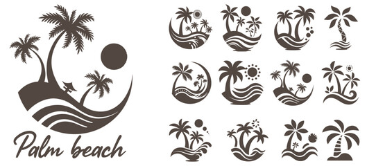 Summer beach island with palm trees in the ocean. Vector emblem of travel, holiday, resort. Vector Logo collection.