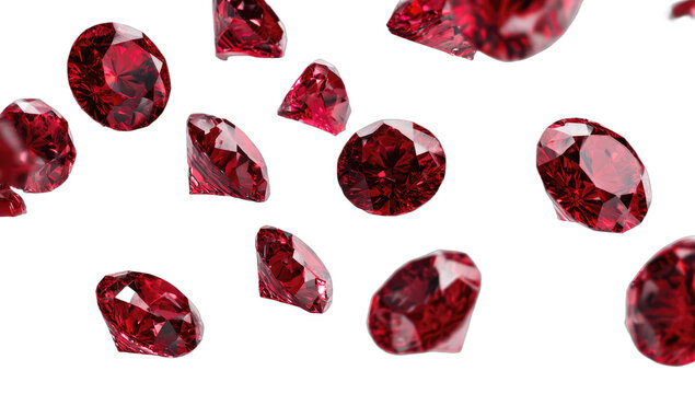 Sparkling faceted red gemstones tumble and float in a dark void