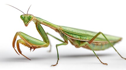 Green praying mantis macro shot isolated on the white background 