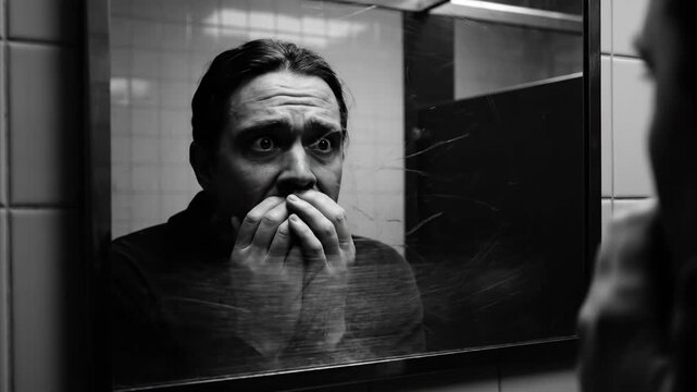 Man with hands covering mouth looks at reflection in cracked mirror, expressing mental distress and paranoia in a psychiatric clinic bathroom.