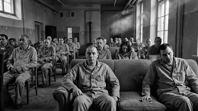 Group of male patients sitting in an old hospital room, a woman joins at the end of the video, showing mental health care