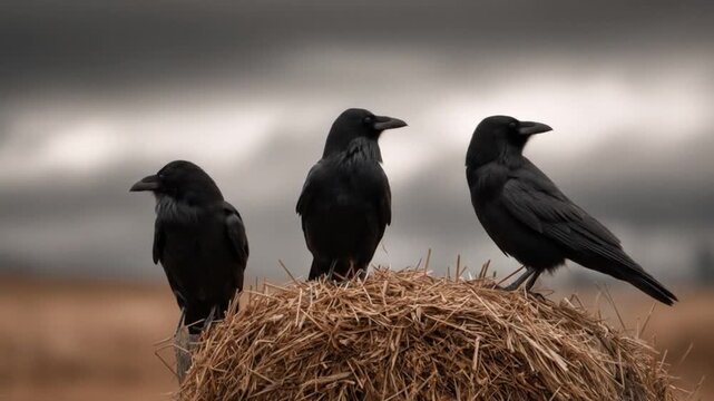 Three black crows perch on a weathered hay bale beneath a moody gray sky over a field grim. At dusk
