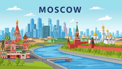 Obraz premium Moscow Cityscape with Kremlin and Modern Skyscrapers Featuring a River and Bridge