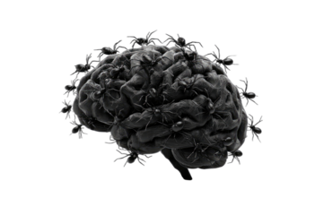 A detailed, dark brain sculpture covered in many small, black, arachnid figures