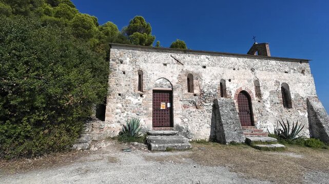 Ancient Church of San Lorenzo along the piligrim's track in Varigotti, Italy