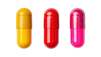 Three colorful pharmaceutical capsules, side by side on a black background
