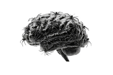 Spiders crawling on a dark, realistic human brain against black background