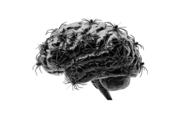 Spiders crawling on a dark, realistic human brain against black background