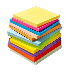 A tall stack of colorful square paper sheets, layered neatly