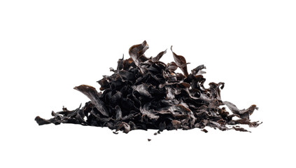 A dark, textured mound of dried, curly mushroom pieces