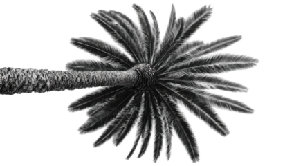 Looking up at a palm tree's fronds from below, on a dark background