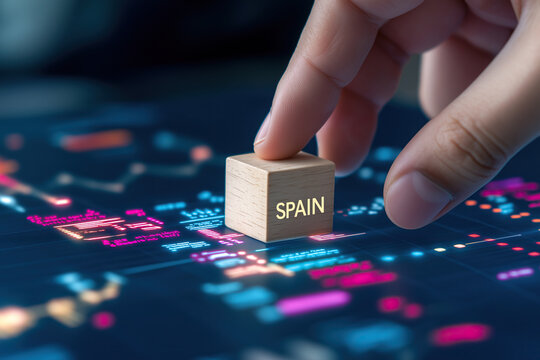 Finger places labeled block onto glowing chart representing strategic Spanish market focus. - Powered by Adobe