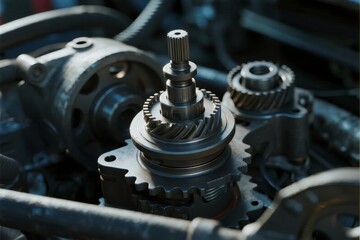 Close-up view of mechanical gears and shafts in an industrial machinery assembly