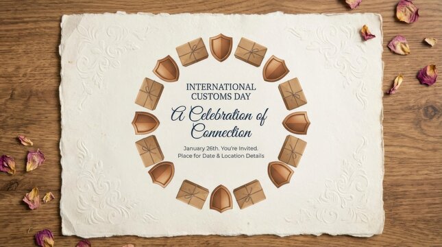 romantic international customs day invitation flyer template illustration template featuring shield and package icons arranged in a circle on textured background that looks like fine paper - Powered by Adobe